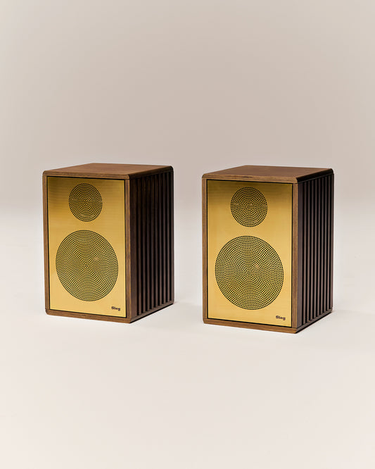 A pair of Sieg S14 First Edition speakers, birch plywood cabinets with raw brass grilles