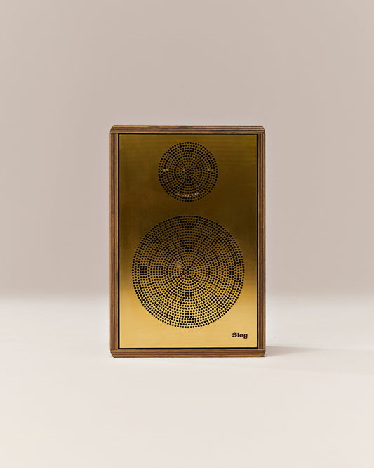 Sieg S14 First Edition speaker, front view, raw brass grille on a birch plywood cabinet