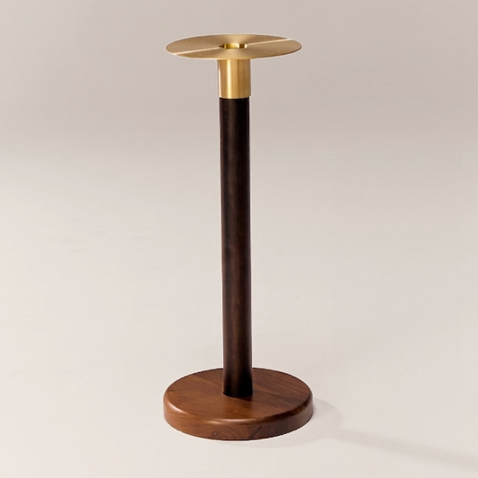 Sieg S14 Speaker Stand in solid walnut with a raw brass mounting bracket