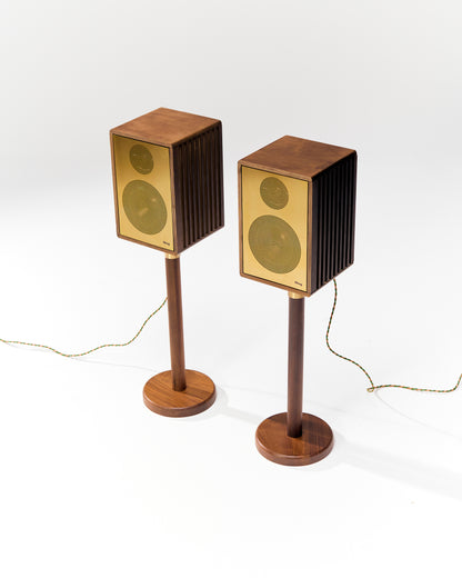 Pair of wooden speakers on stands with a white background